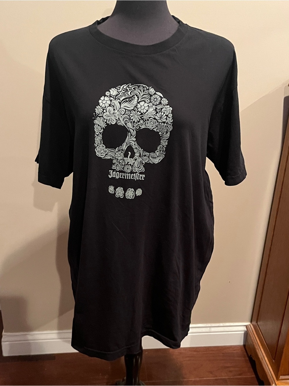 Jagermeister Black Short Sleeve Tee with White Floral Skull - NEW